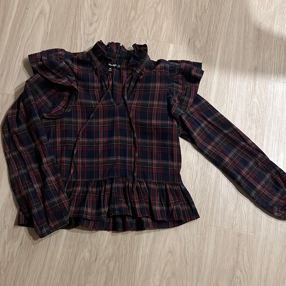 Blank NYC plaid top with ruffle shoulder detail